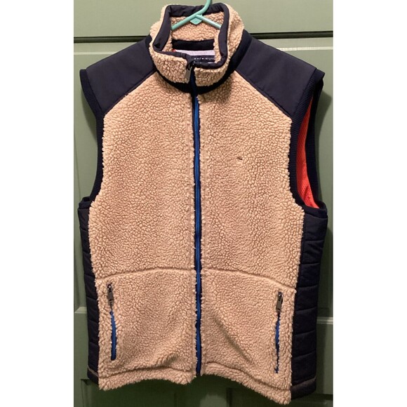 Tommy Hilfiger Tan & Dark Blue Nomad Zip Front Sherpa Sleeveless Vest Mens Sze L - Picture 1 of 10